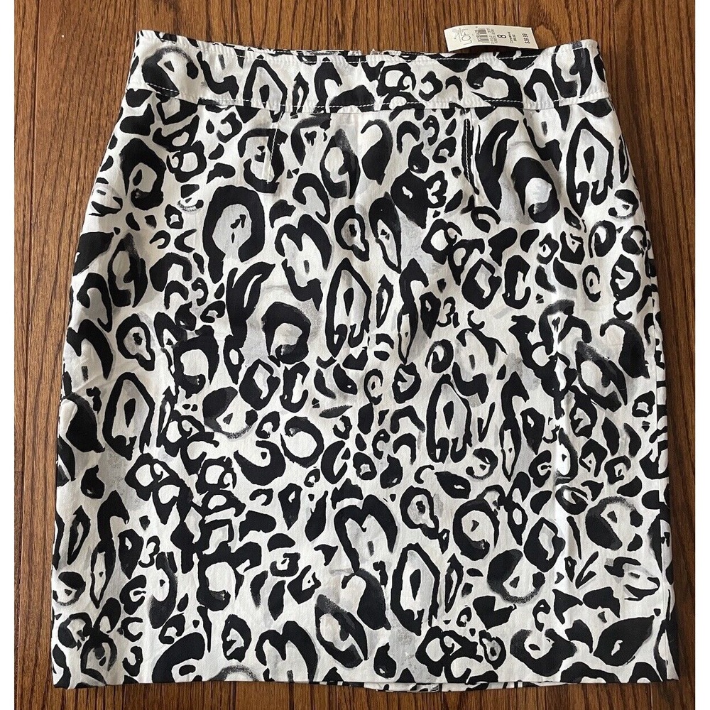 Ann Taylor Loft Women 8 Cheetah Skirt Pencil Cotton Black White Watercolor Zip